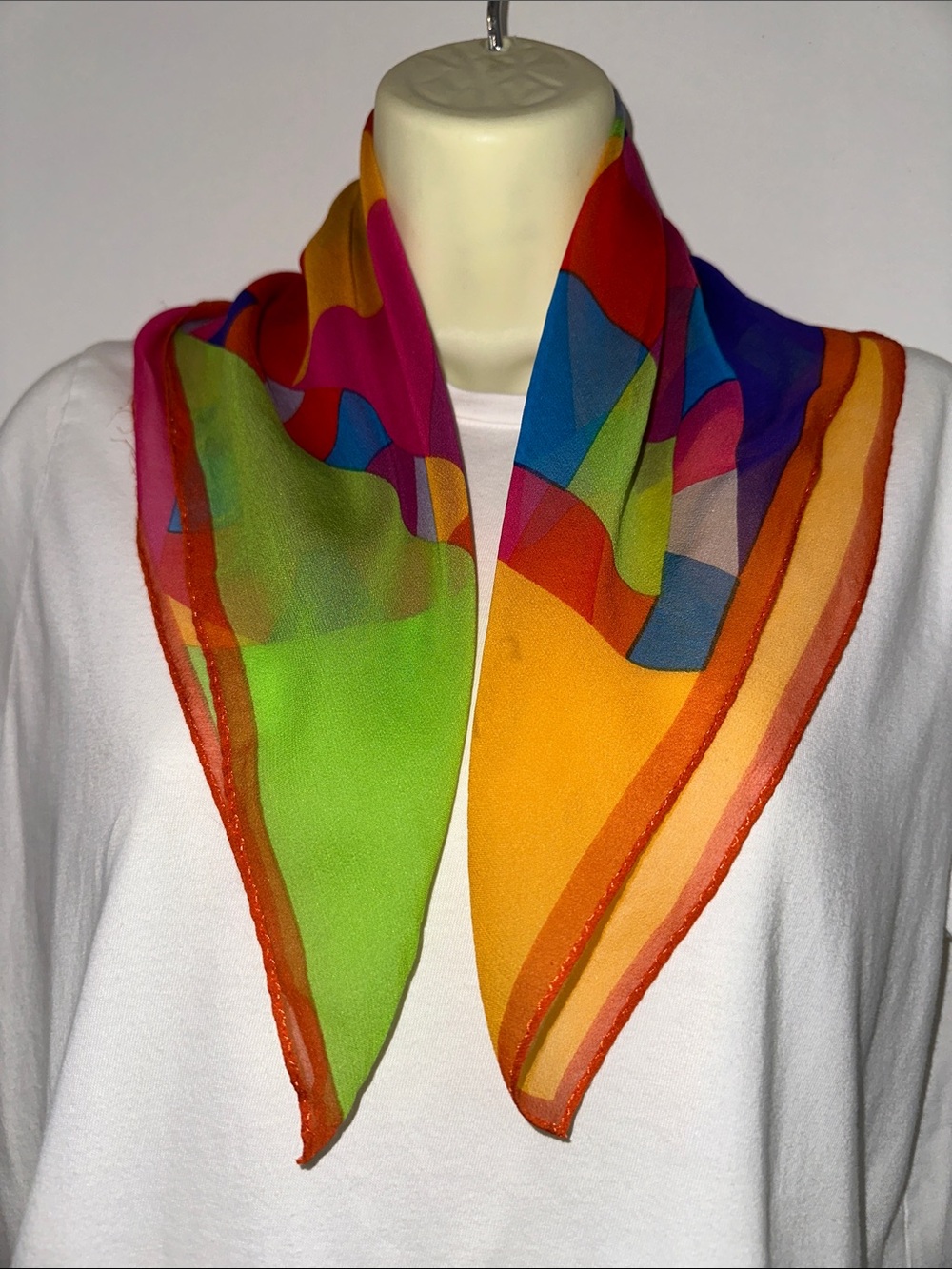 Vintage Bright Multicolor Geometric Chiffon Scarf - Green, Orange, Blue & Pink